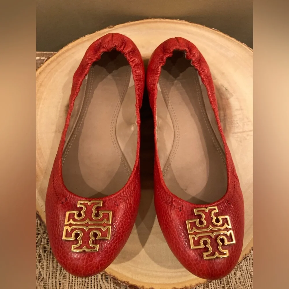 Tory Burch Womens RED Cognac Melinda size 8 M $250‎ Leather Ballet Flats